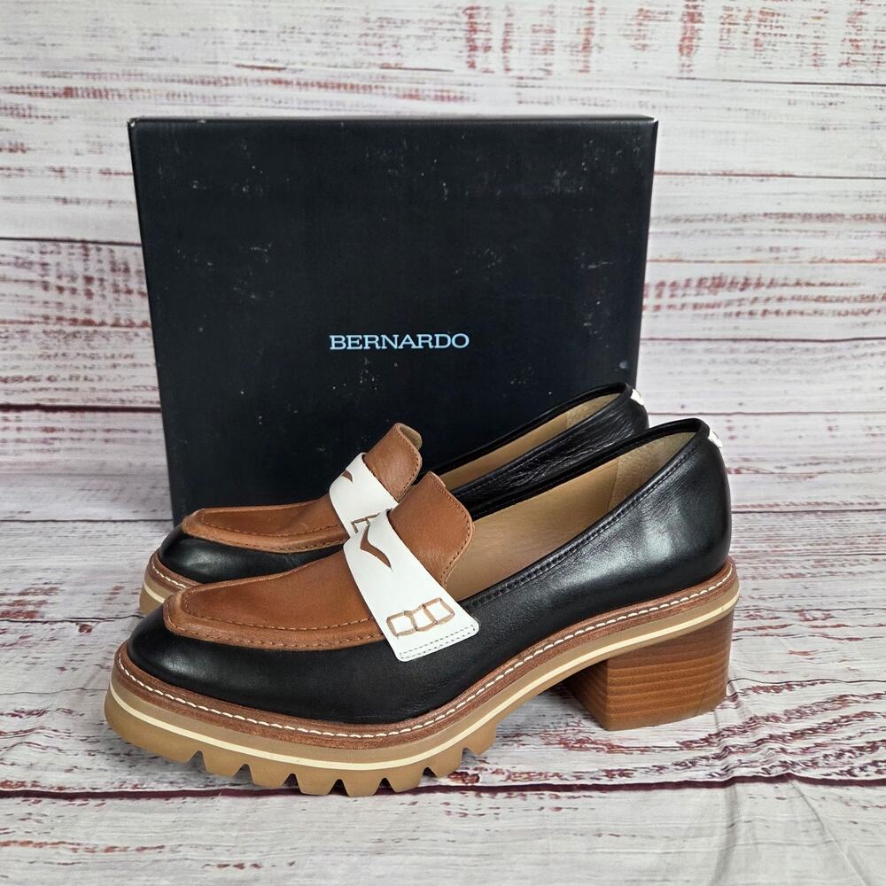 Bernardo Black and Tan Loafers with White Accent